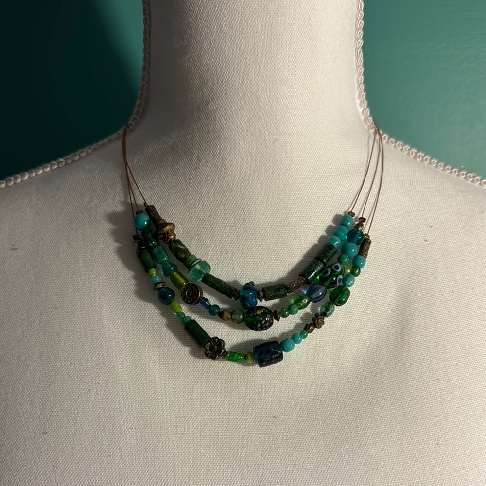 Green and Blue Multi-Strand Necklace with Natural Stones